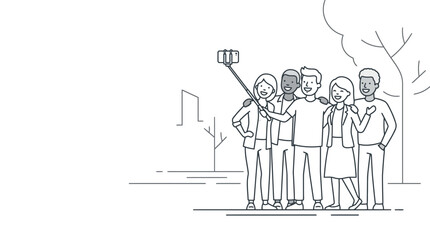 Fototapeta premium Group of young friends taking a group selfie with a phone stick.