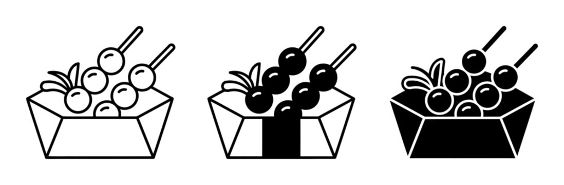 3 Fruit salad silhouette icons, bowl with grapes, berries, solid black style, food