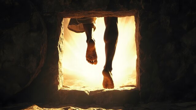 Lazarus&rsquo;s feet crossing the threshold of the tomb into divine light as the main subject representing &Aacute;nh S&aacute;ng Sự Sống, sacred tomb entrance with light gradually breaking through, soft diffused glow gu