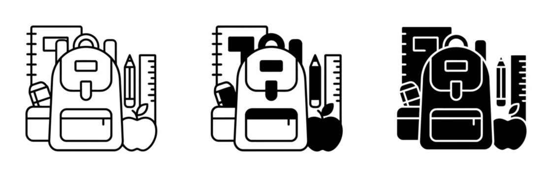 3 School Backpack silhouette icons with supplies, solid black style, education