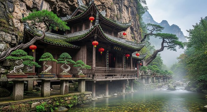 Traditional Chinese wooden house built on a cliff side next to a clear river stream with red lanterns and bonsai trees