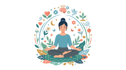 Obraz premium Woman practicing yoga in meditation pose surrounded by nature elements.