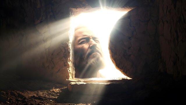 Lazarus stepping out of the tomb, eyes squinting into the divine light for the first time as the main subject symbolizing &Aacute;nh S&aacute;ng Sự Sống, stone tomb and earthy surroundings transitioning into bright