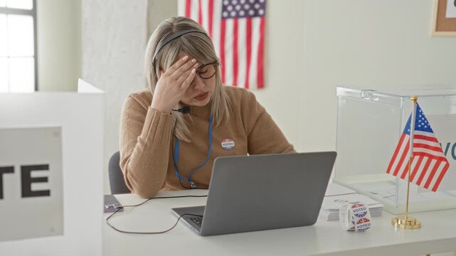 Woman with headset at laptop touching chin while seated at voting table with clear ballot box, small american flag and voted sticker in building; thoughtful.