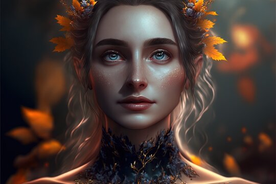 Ghostly girl as a forest spirit with big gorgeous eyes and a flower crown.