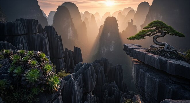 Solitary pine tree on a flat rock overlooking mountains.
