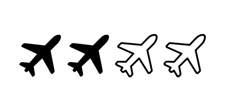 Airplanes vector set with black silhouettes and outlines flying featuring plane, aircraft, flight with travel and transportation elements for