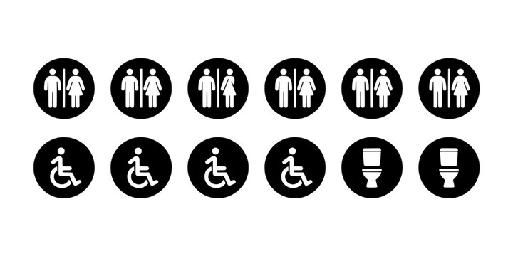 Accessibility icons set showing elderly, wheelchair user, and toilet symbols in a clean monochrome pictogram style