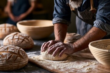 Fototapeta premium Hands kneading sourdough bread dough on wooden bench with banneton baskets