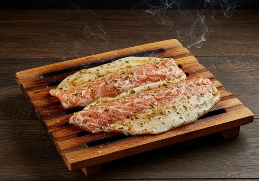 Filetto crudo di maiale marinato su un tagliere di legno, pronto per essere cucinato alla griglia durante una festa estiva all'aperto, qualit&agrave;, alimentare, cena