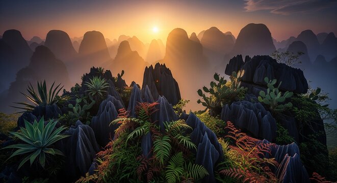 Sunset over a misty valley of rounded hills.