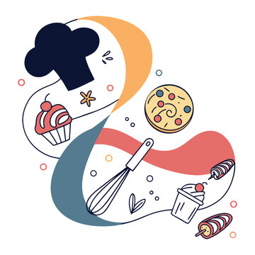 Doodle illustration of baking items and sweets with abstract colorful shapes chef hat food and dri