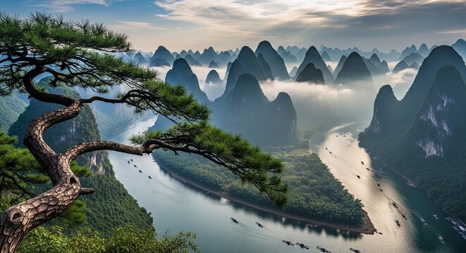 Beautiful landscape of a winding river in misty karst mountains.