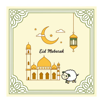 Eid mubarak greeting card with mosque crescent moon lantern sheep illustration, kurban bayram