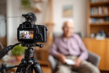 Naklejka premium Elderly man records a video blog at home with a professional camera setup