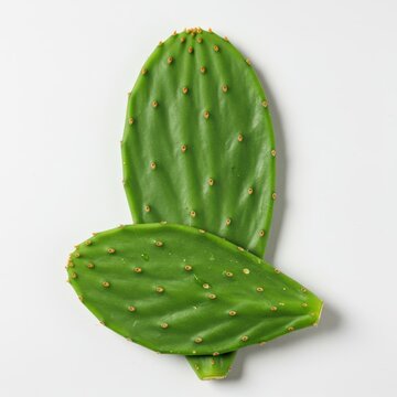 Vibrant green nopales cactus pad, thick and fleshy, presented centrally on a seamless white surface, emphasizing texture and form, plant, thick, flat