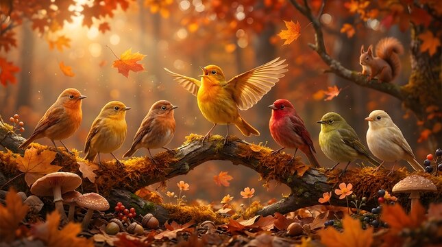 Seven Songbirds On A Branch Autumnal Forest Scene birds avian autumn fall woodland tree