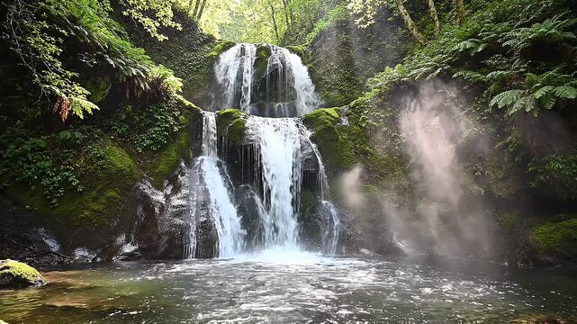 Slow motion static shot of waterfall cascading into forest pool with sunlit mist and moss covered rocks in temperate woodland morning spring