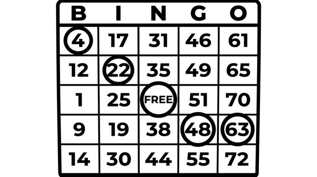 Black and white bingo card with numbers and marked spaces.