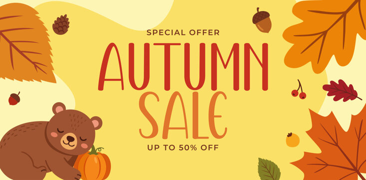 Cute Autumn Sale Banner with Sleeping Bear Pumpkin and Fall Leaves Vector Illustration