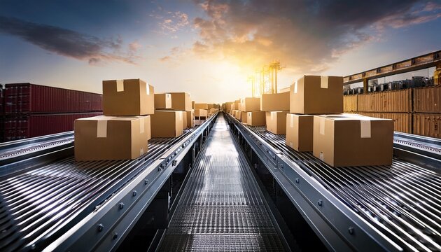 boxes transported along a conveyor belt with illuminated features