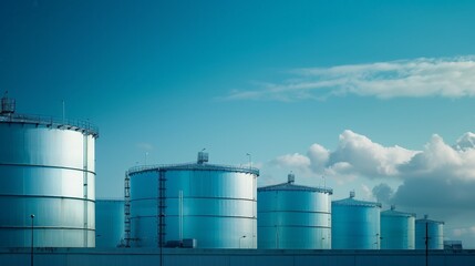 Fototapeta premium Large metallic tanks stand in a row under clear blue skies. Clouds drift gently behind the industrial structures. The scene suggests storage for chemicals or petroleum. No people are visible