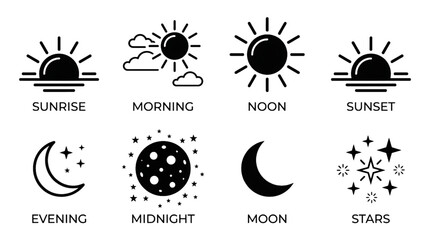 Minimalist icon set representing different times of day and night phases for weather and schedule design © B