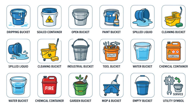 Various bucket icon set featuring dripping sealed open and spilled container designs for utility concepts