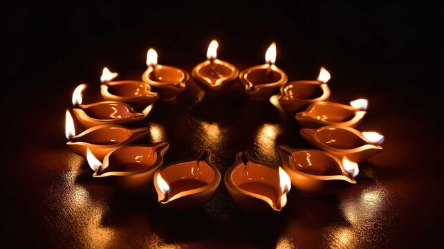 Clay oil lamps arranged in a circular pattern glowing brightly against a dark background during the festive diwali celebration