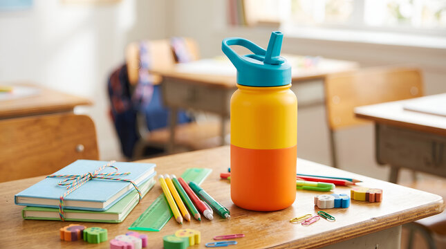 Classroom desk with school supplies.