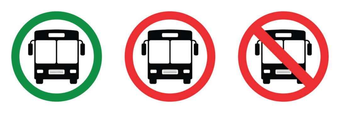 No Bus Zone Red Circle Sign Front View Silhouette, prohibited vehicle pictogram in circular warning frame, traffic regulation symbol for restricted bus entry areas, urban road safety signage vector 
