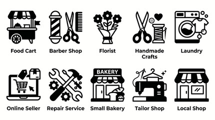 Collection of small business icons including food cart barber shop florist handmade crafts laundry online seller repair service small bakery tailor shop and local shop. © ssstyawn
