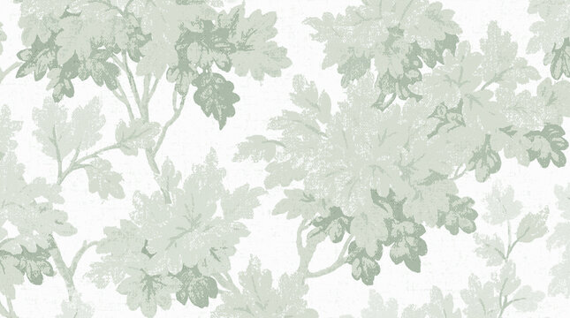 A vintage style botanical pattern displaying light sage green foliage with a worn, textured finish on a white backdrop.