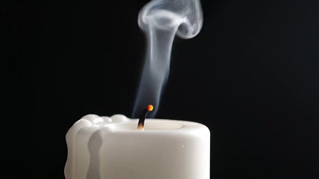 Slow motion close up of candle wick extinguishing with smoke rising on dark studio background