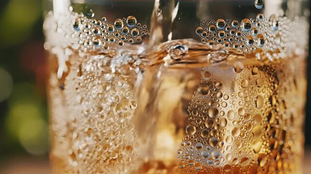Close up of cold beverage with ice cubes and condensation.