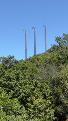 Obraz premium Three electricity pylons with power lines on a green hillside under a clear blue sky