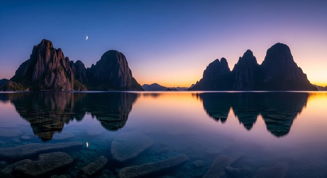 Majestic jagged mountains and rocky peaks overlooking a crystal-clear lake during a vibrant golden purple sunrise. The mountain silhouette creates a flawless reflection on the transparent water