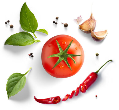 art Fresh tomato, chili pepper, rosemary herb isolated on white background. Transparent background and natural transparent shadow; Ingredient, spice for cooking. collection for design