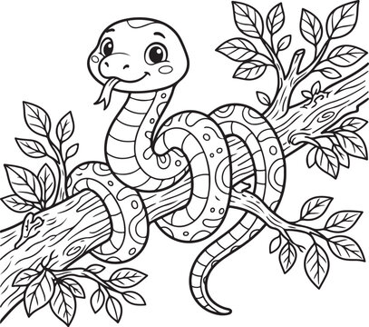 Coloring page snake vector, cute cartoon python on tree branch illustration, kids activity book line art, jungle animal coloring sheet, preschool educational drawing, black and white outline snake