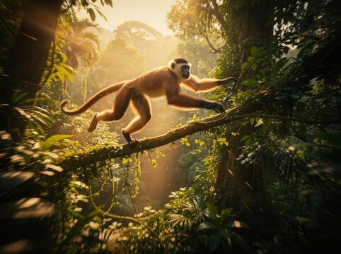 Agile Spider Monkey Navigates Sunlit Jungle Canopy