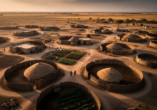 Aerial view of traditional thatched roof huts in an african village at sunset