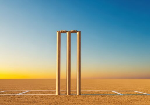 The wooden cricket wicket stands firmly pitched in the dry outfield, ready for competitive summer ball games and sporting events, recreation, bails, bat