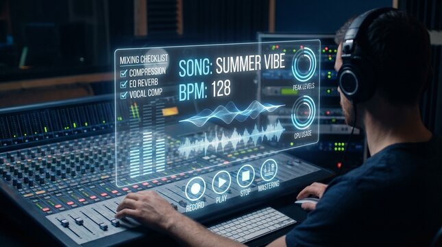 Music producer working in a professional recording studio with a futuristic digital interface overlay for mixing and mastering