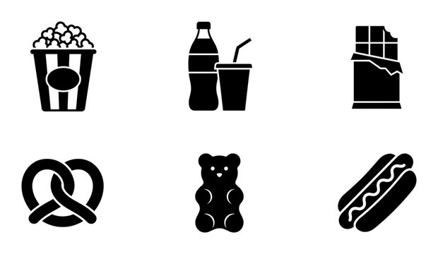 Cinema snacks icons, food symbols, black vector graphics, movie treats