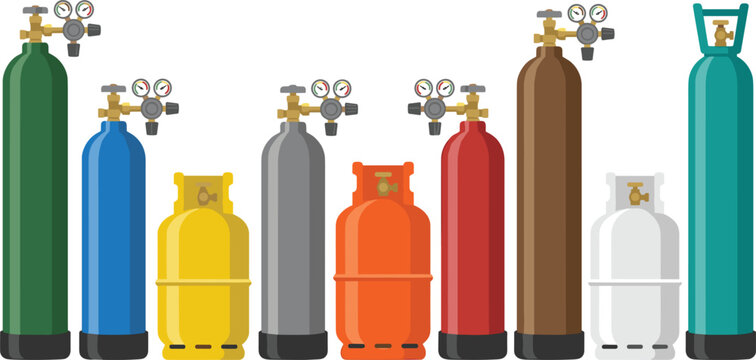 Industrial Gas Cylinder and Propane Tank Vector Icon Set with Pressure Regulators and Gauges for Welding, Medical, and Energy Industry Designs
