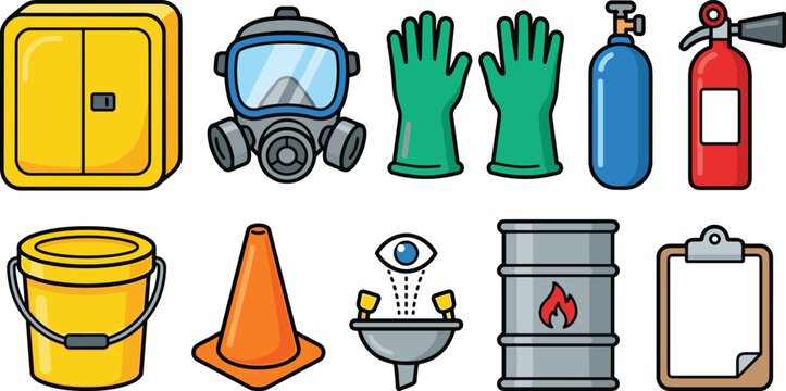 Industrial Safety and Emergency Equipment Vector Icon Set with Gas Mask, Fire Extinguisher, Eyewash Station, Chemical Barrel, and Protective Gloves