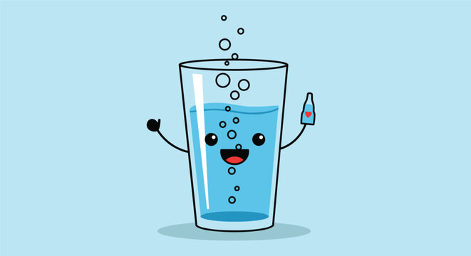 Cute character illustration of a smiling glass of water with bubbles holding a tiny bottle of liquid on a light blue background.