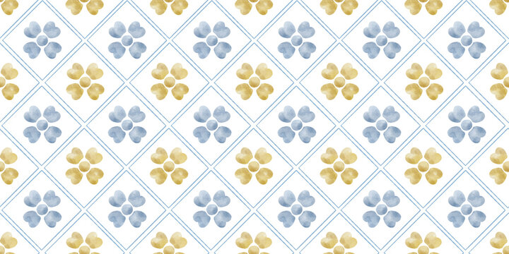 Blue ceramic tile seamless watercolor pattern
