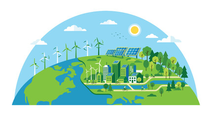 Fototapeta premium Sustainable eco friendly earth with renewable energy sources and green landscape