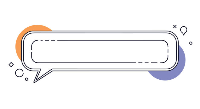Long horizontal speech bubble with rounded corners and dashed lines decorated with colorful circles and geometric shapes.